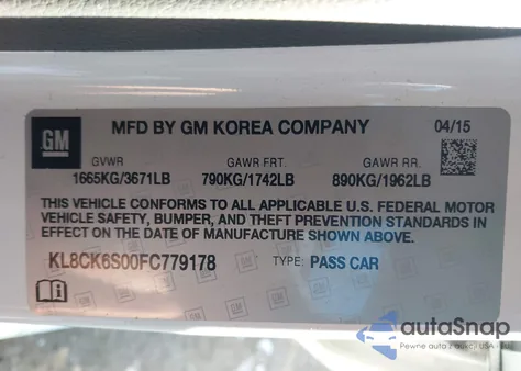 2015 Chevrolet Spark Ev 1Lt из США, поврежденный, VIN KL8CK6S00FC779178